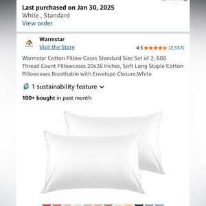 NWOT White 100% Cotton 600 Thread Count Standard Size Pillowcases - Set of 2